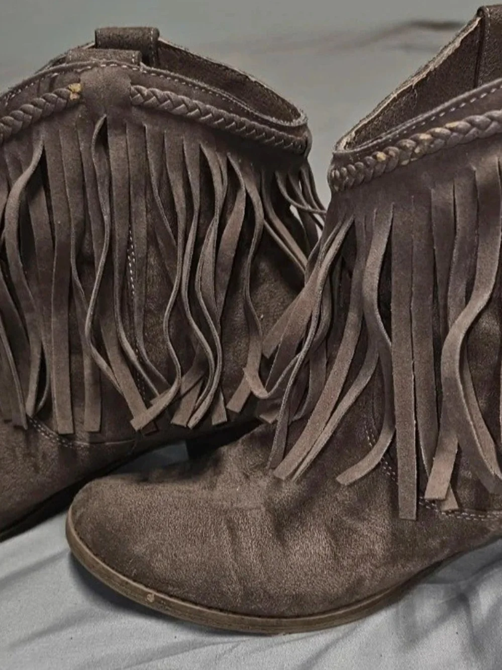Rock & Candy Fringed Suede Ankle Boots - Taupe Brown